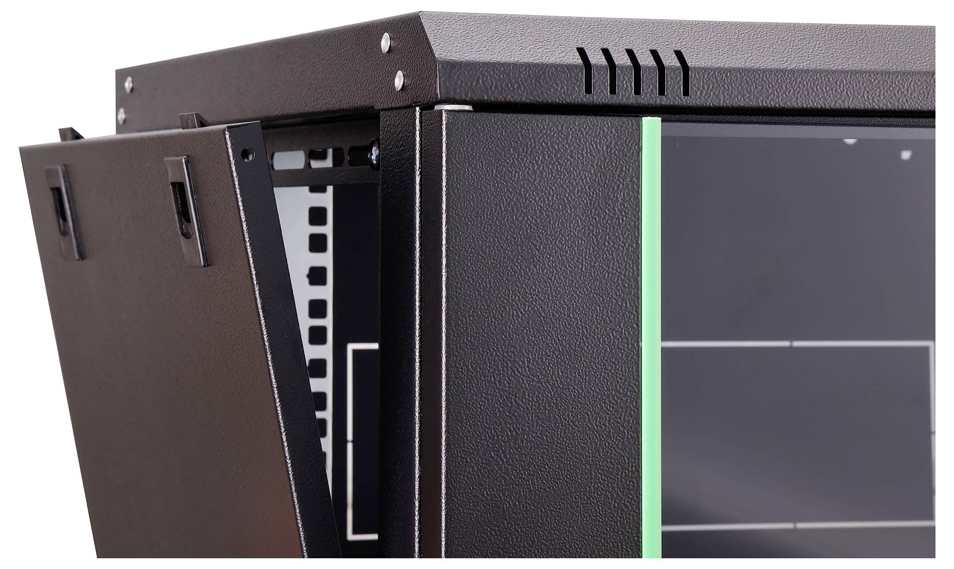 A black server rack with an open side panel revealing interior slots for equipment installation. The rack has a vented top for airflow.