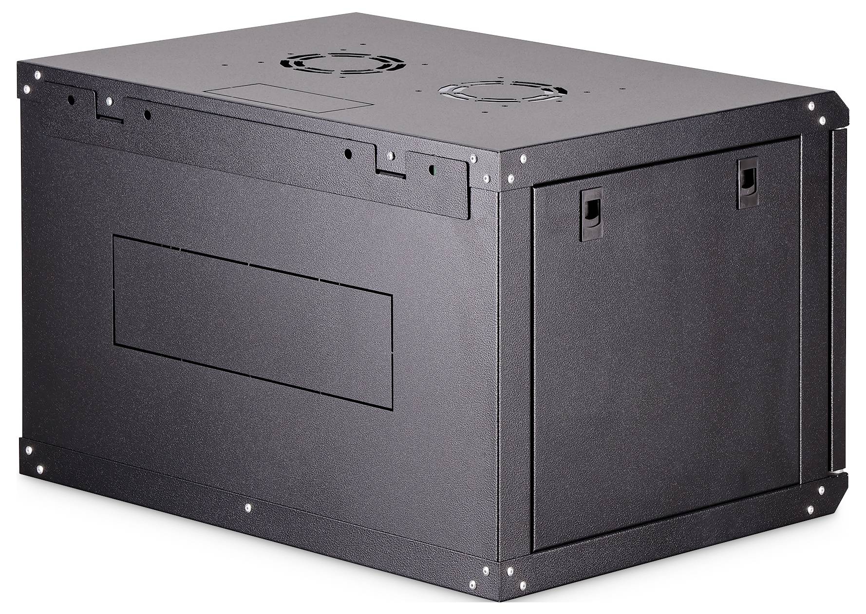 A black metal box with ventilation fans on top and handles on the sides, likely a large electronic or computer component enclosure.
