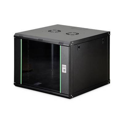 A black server rack with a glass door and green accents, featuring ventilation fans on top and a lockable latch, suitable for IT equipment.