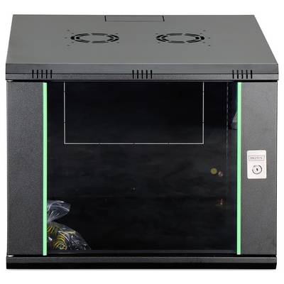 A black wall-mounted server rack with a transparent door and locks, featuring green LED lighting along the edges.