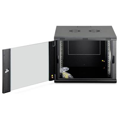 An open black server rack with a glass door, showing empty interior space and a plastic bag containing screws or hardware inside.