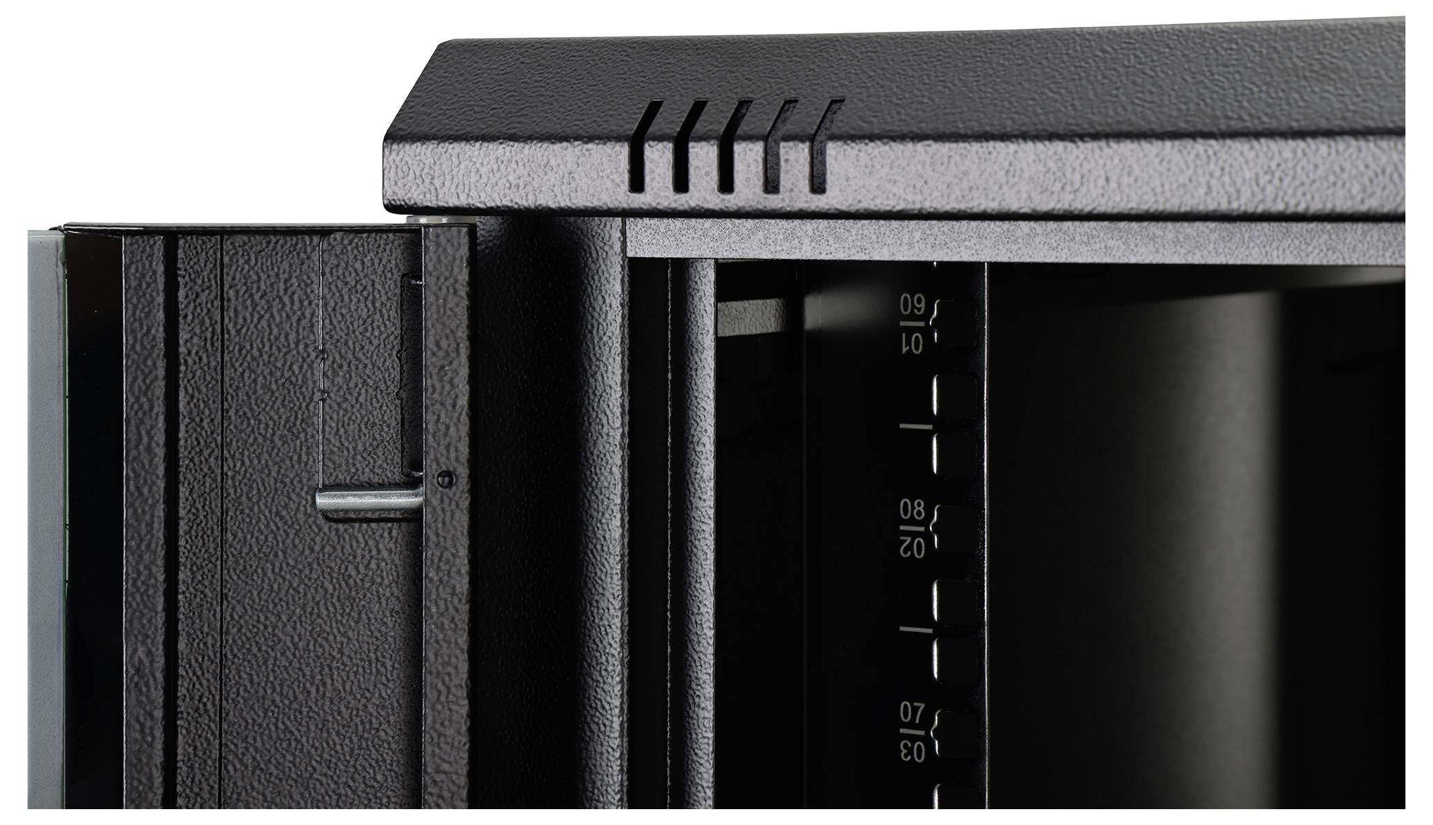 A partially open black metal cabinet with visible hinges and vent slots on the top edge.