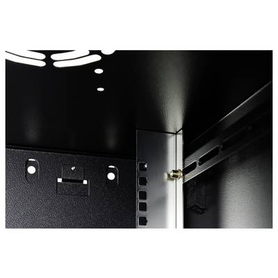 The image shows the interior corner of a metallic cabinet, highlighting the structural support with rivets and perforated panels for ventilation.
