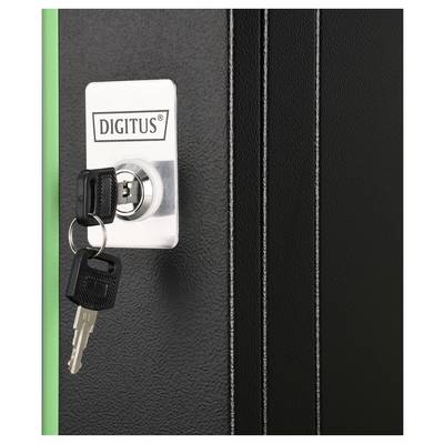 'Close-up of a locked black cabinet door with a pair of keys in the lock, labeled "Digitus".'