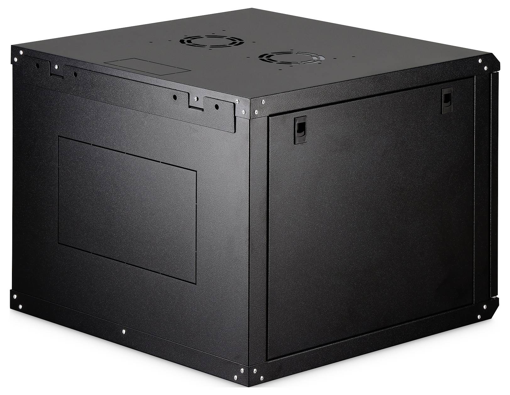 A black metal server cabinet with fans on the top, featuring a closed front and side panels, designed for housing network equipment.