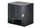 Small black server rack with a glass front panel, featuring vertical green stripes, positioned on a white background.