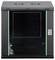 A black server cabinet with a transparent front door, green LED edges, and a lock mechanism, suitable for housing network equipment.