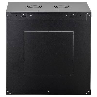 A black server rack cabinet with ventilation fans on top, viewed from the front. It's closed and designed for electronic equipment storage.