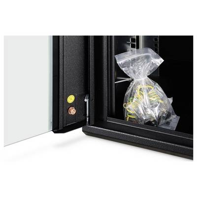 'Bag of screws and connectors inside an open black cabinet, highlighting interior packaging and storage solutions.'