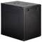 A black metal server rack cabinet, viewed from the front left angle, features a solid door with venting options on the top surface.