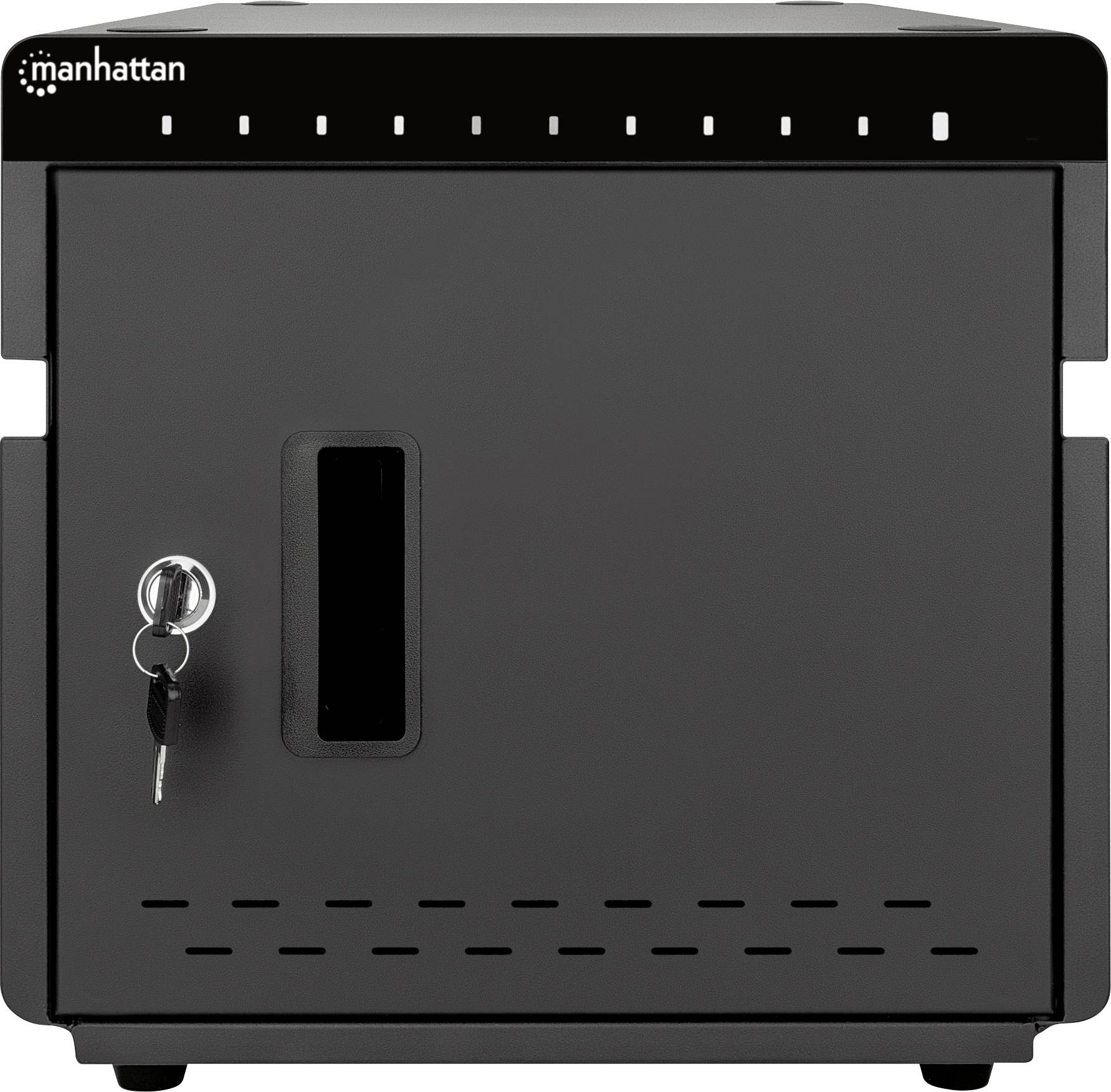 A black, lockable metal cabinet with a key and viewing window on the front, suitable for secure storage.