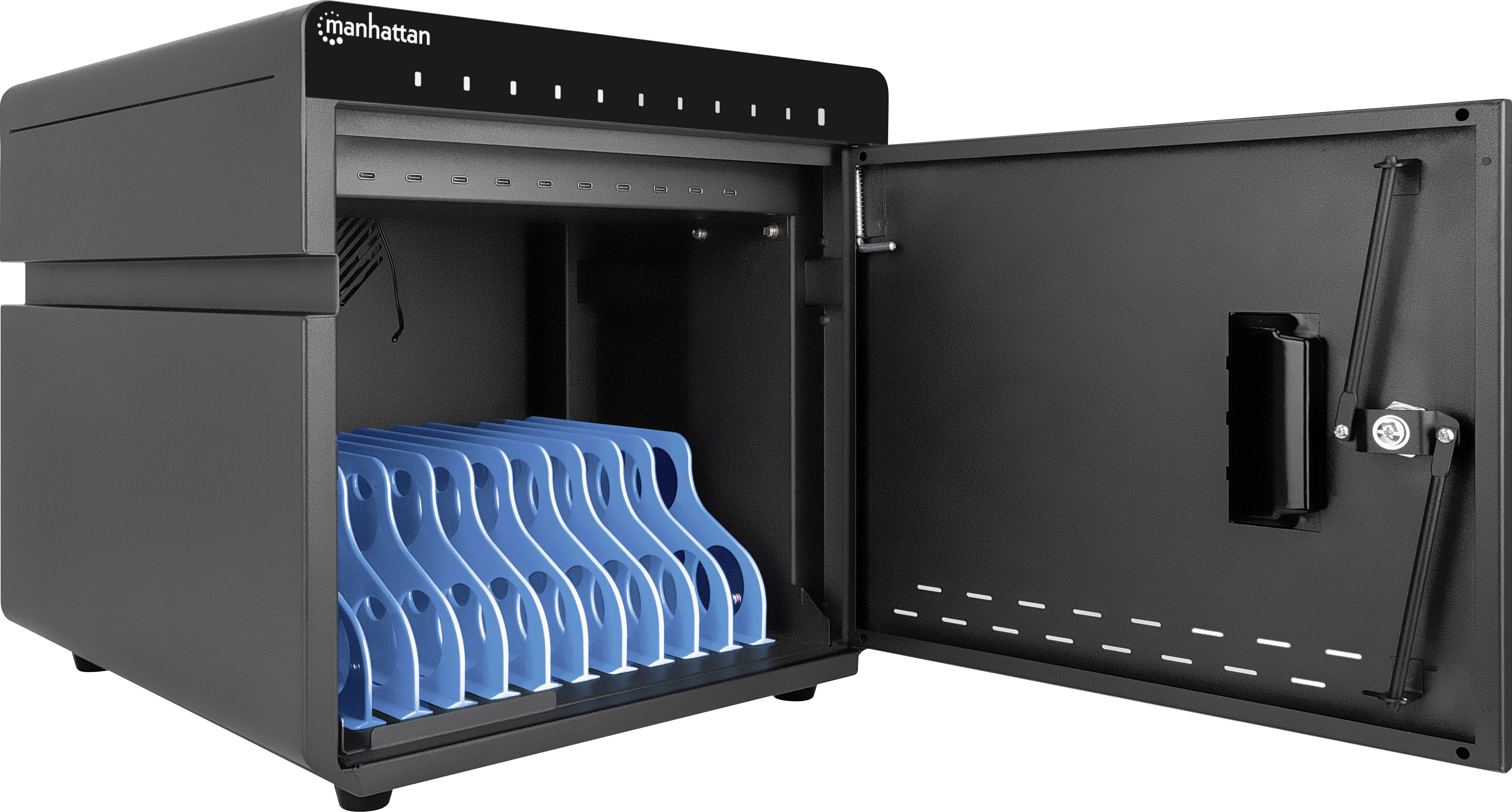 An open cabinet with compartments for vertical blue tablet holders. Doors and locking mechanism visible.