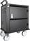 Black mobile cabinet with large castors and combination lock, suitable for secure storage and transportation of equipment.