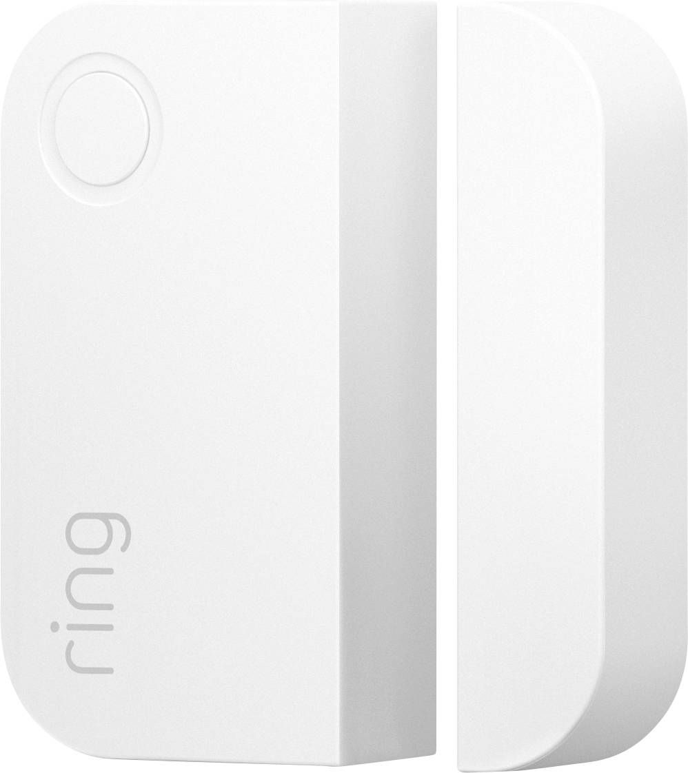 Two-part, white door or window sensor from Ring with rounded corners; for monitoring when open or closed.