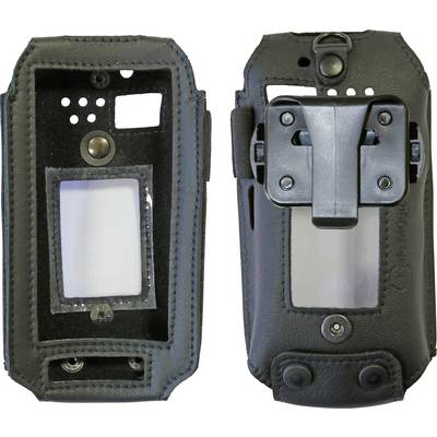 Two black leather cases for a portable device, front and back view. The case has a transparent section and buttons.