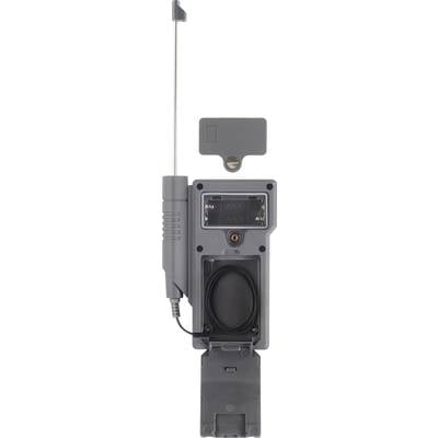 Grey electronic device with extended antenna and open battery compartment. It is a receiver module with cable connection.