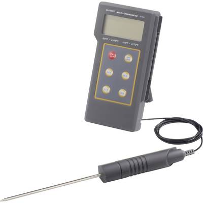 Digital hand thermometer with long metal probe and cable, suitable for measuring high temperatures in laboratories or kitchens.