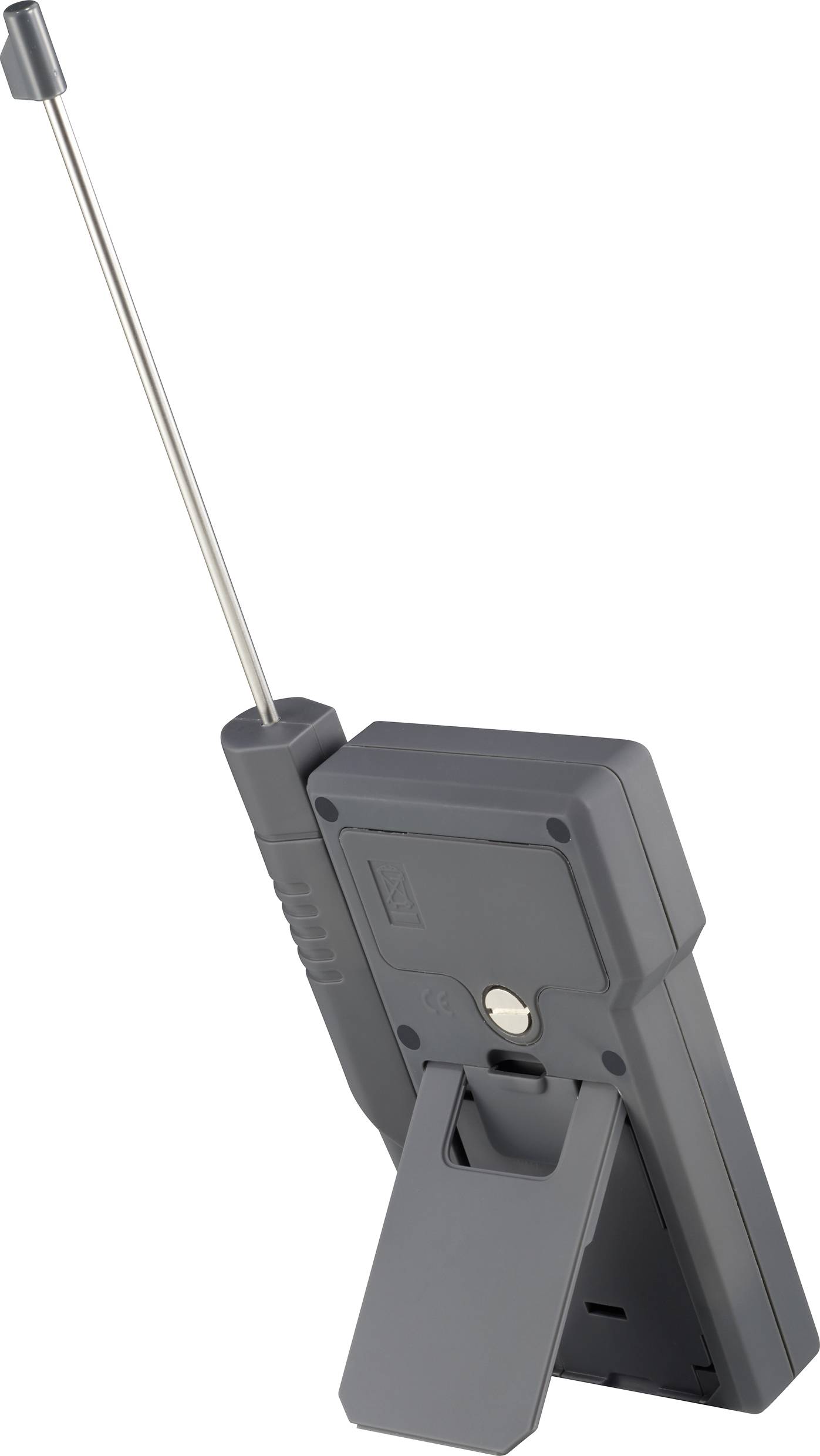 Black, portable radio with an extended metal antenna and folding stand, suitable for receiving radio signals.