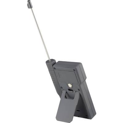 Black, portable radio with an extended metal antenna and folding stand, suitable for receiving radio signals.