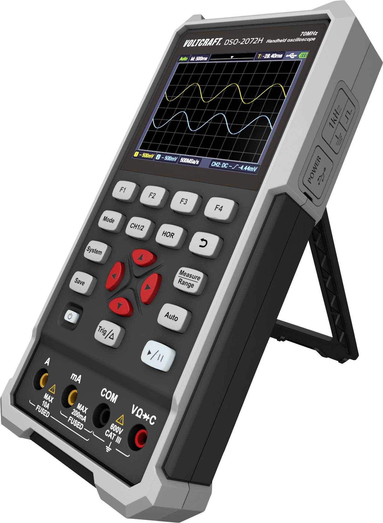 A digital oscilloscope with a screen displays several waveform lines. Various buttons are arranged underneath.