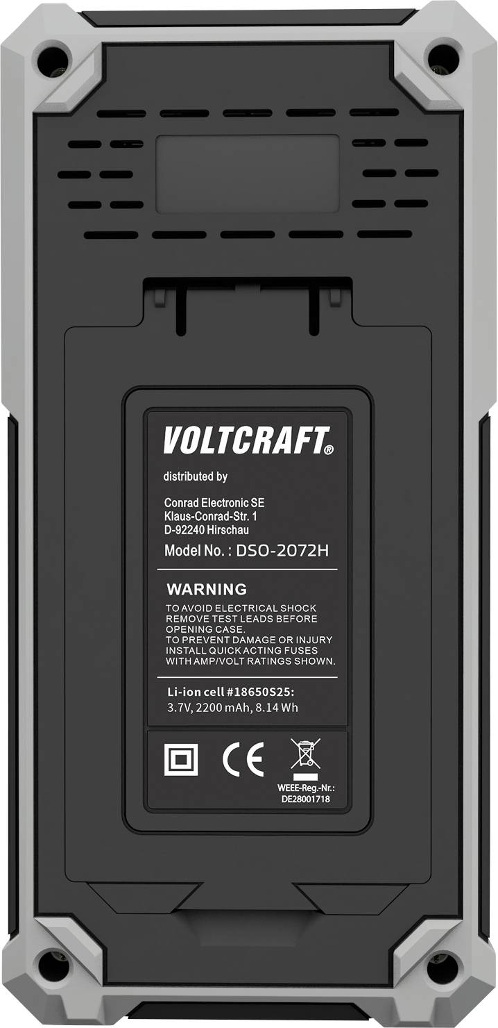 Rear view of a device with its cover, showing product information such as model number 'DSO-2072H' and warning notices.