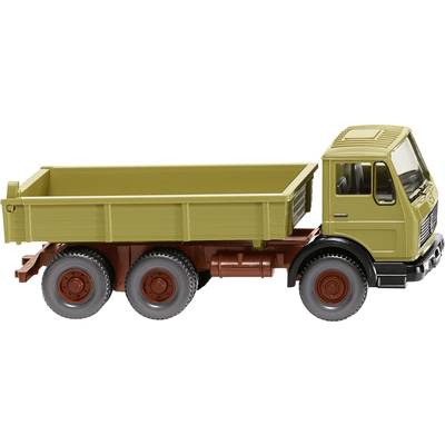 Toy model of a yellow-brownish lorry with six wheels, side view.