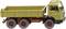 Toy model of a yellow-brownish lorry with six wheels, side view.