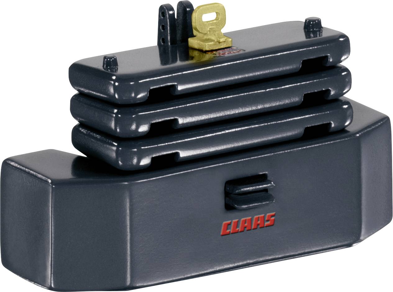 A set of weights with three stacked black plates and a yellow handle on top. A red 'CLAAS' logo is visible at the front.