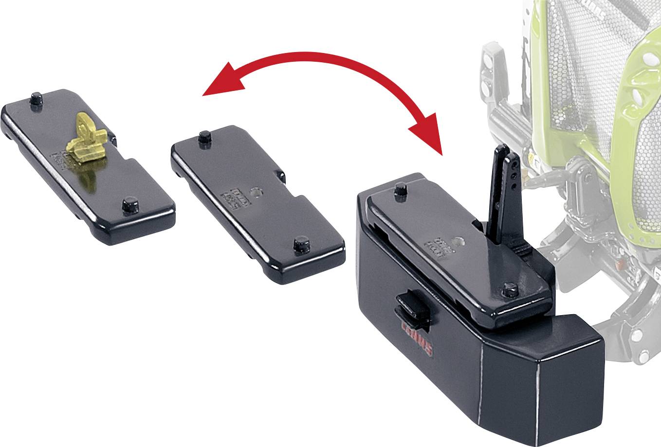 A pivoting axle system with removable components for agricultural machinery is shown, with arrows indicating the mounting positions.