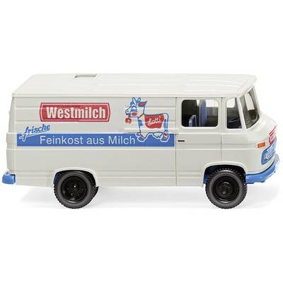 A white delivery van with the inscription 'Westmilch' and 'Fine Dairy Produce' along with a blue and red cow logo on the side.