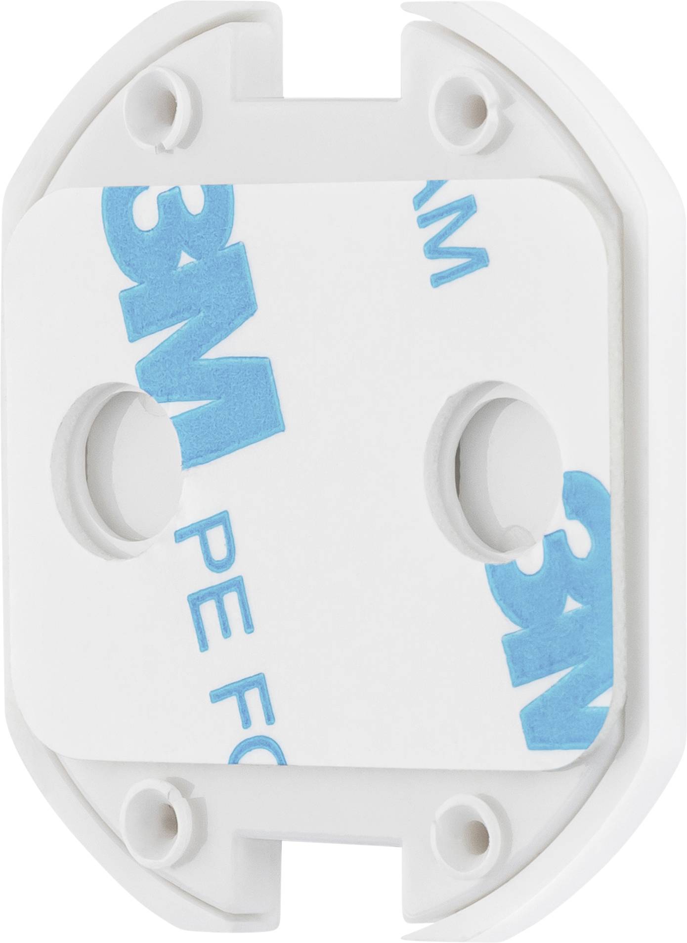 A white, oval plastic holder with two central holes and 3M adhesive strips; designed for wall mounting.