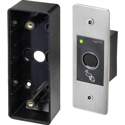 Metal switch with a black plastic cover. Exposed back on the left, switch on the right with a green LED and hand symbol.