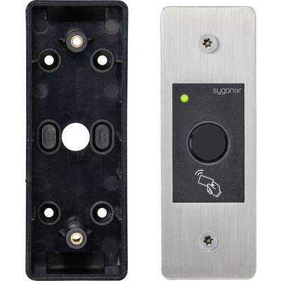 'Stainless steel door knocker with doorbell button and fingerprint sensor for touchless operation, alongside mounting base.'