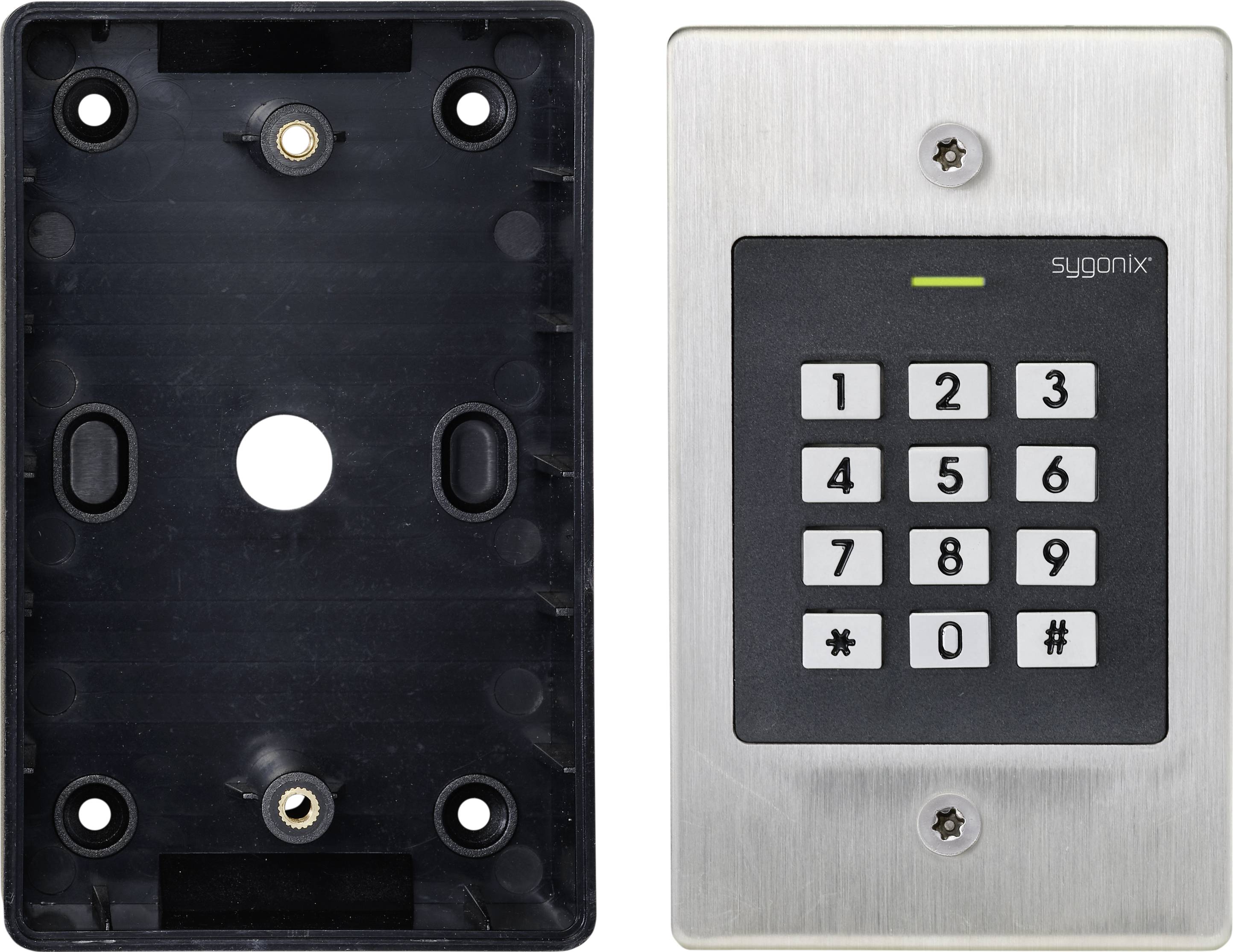 'Electronic numerical keypad with 12 keys; empty mounting bracket on the left, numerical keypad mounted on the right. Keys display digits 0-9, symbols * and #.'