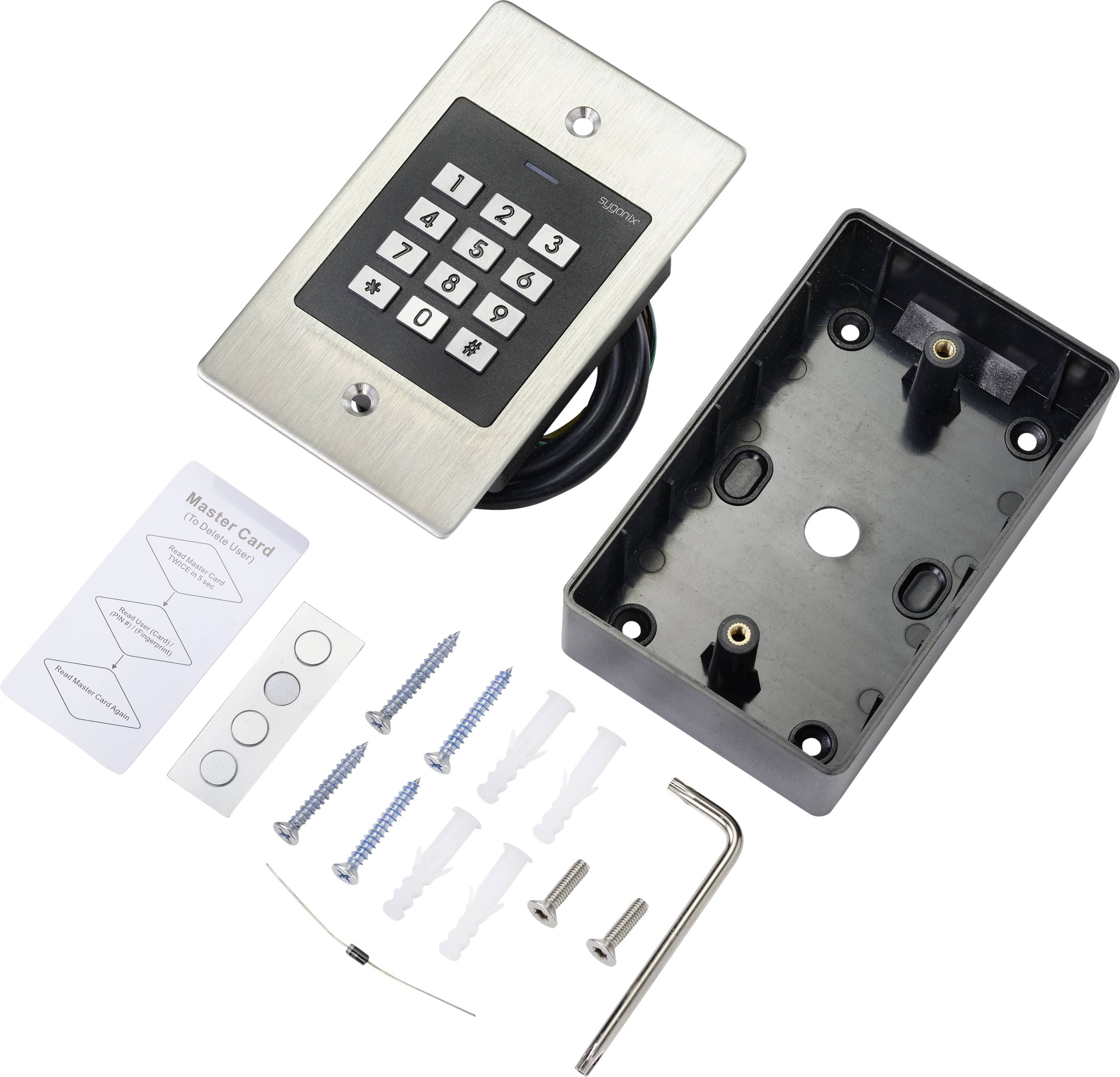 Metal keyboard lock set with numeric keypad, mounting plate, screws, wall plugs, and master card for access control.