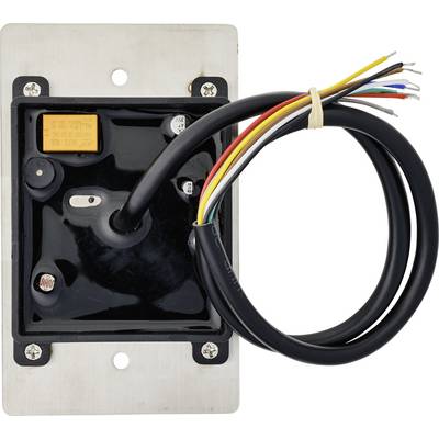 Electrical component with a black casing, cable and coloured wires mounted on a metal plate. Cables are bundled together.