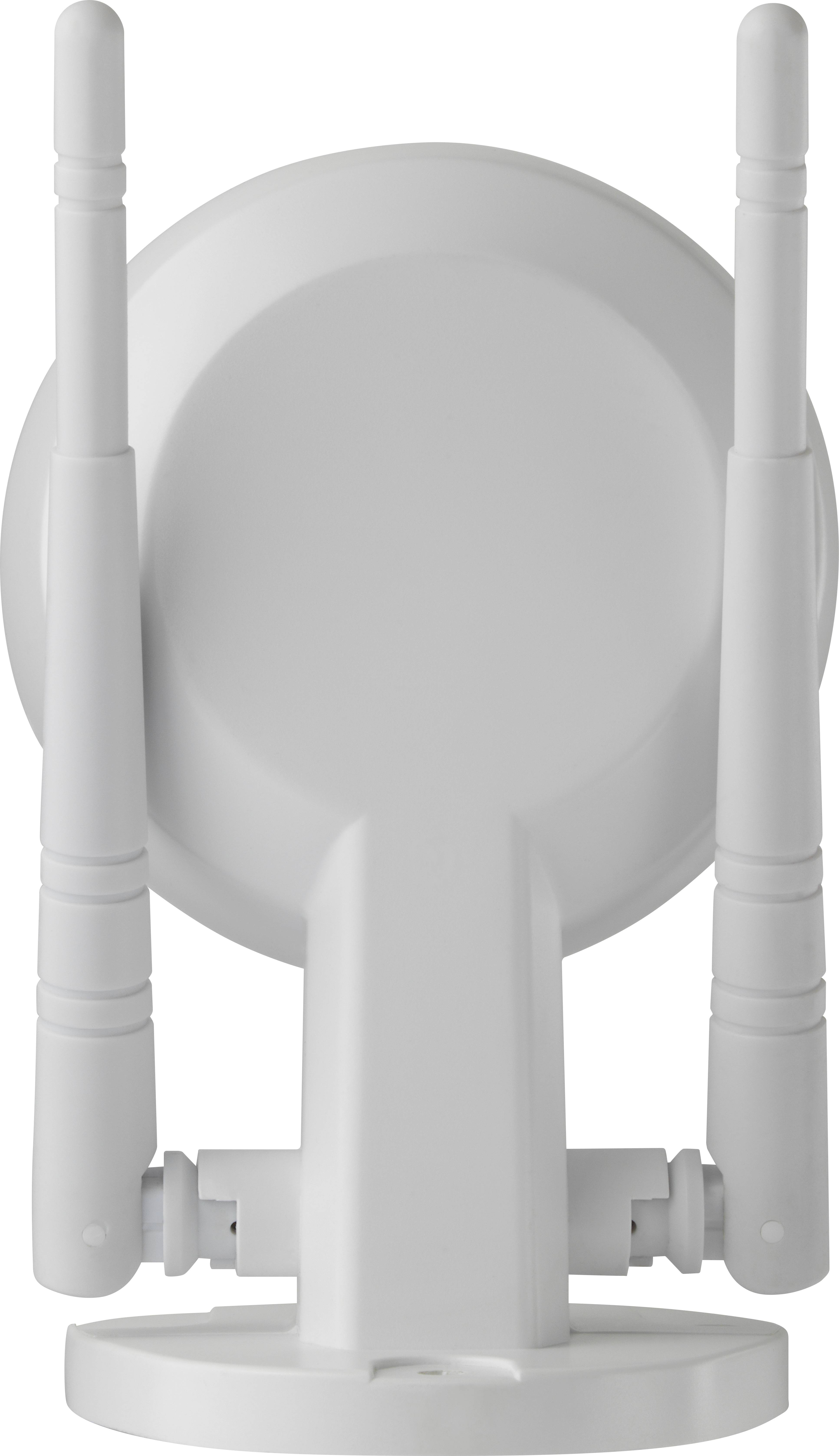 A white, round Wi-Fi router with two upright aerials stands upright, rear view without visible brand identification.