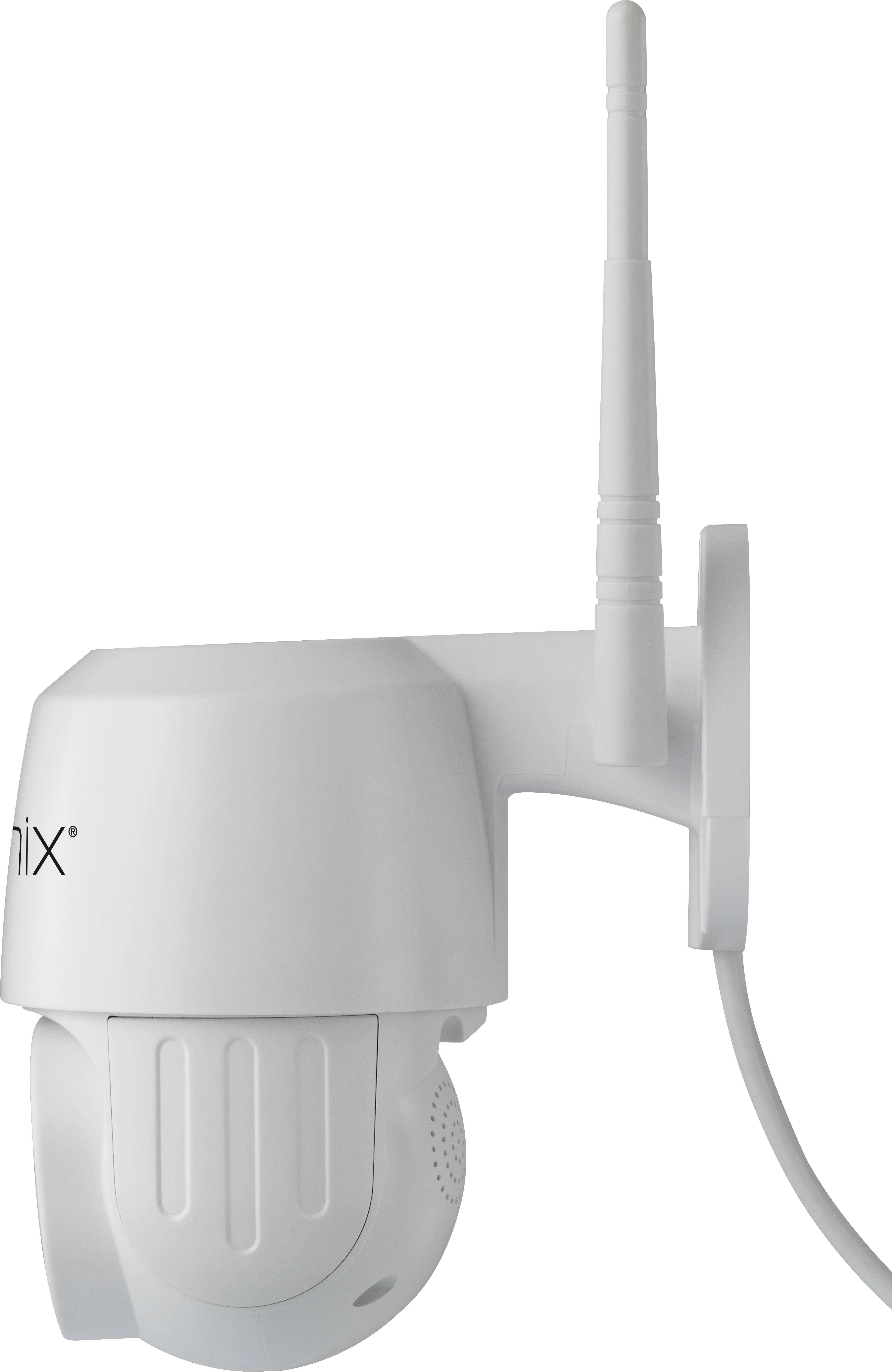 White surveillance camera with an antenna, mounted on a wall. It has a rounded casing and is angled downwards.