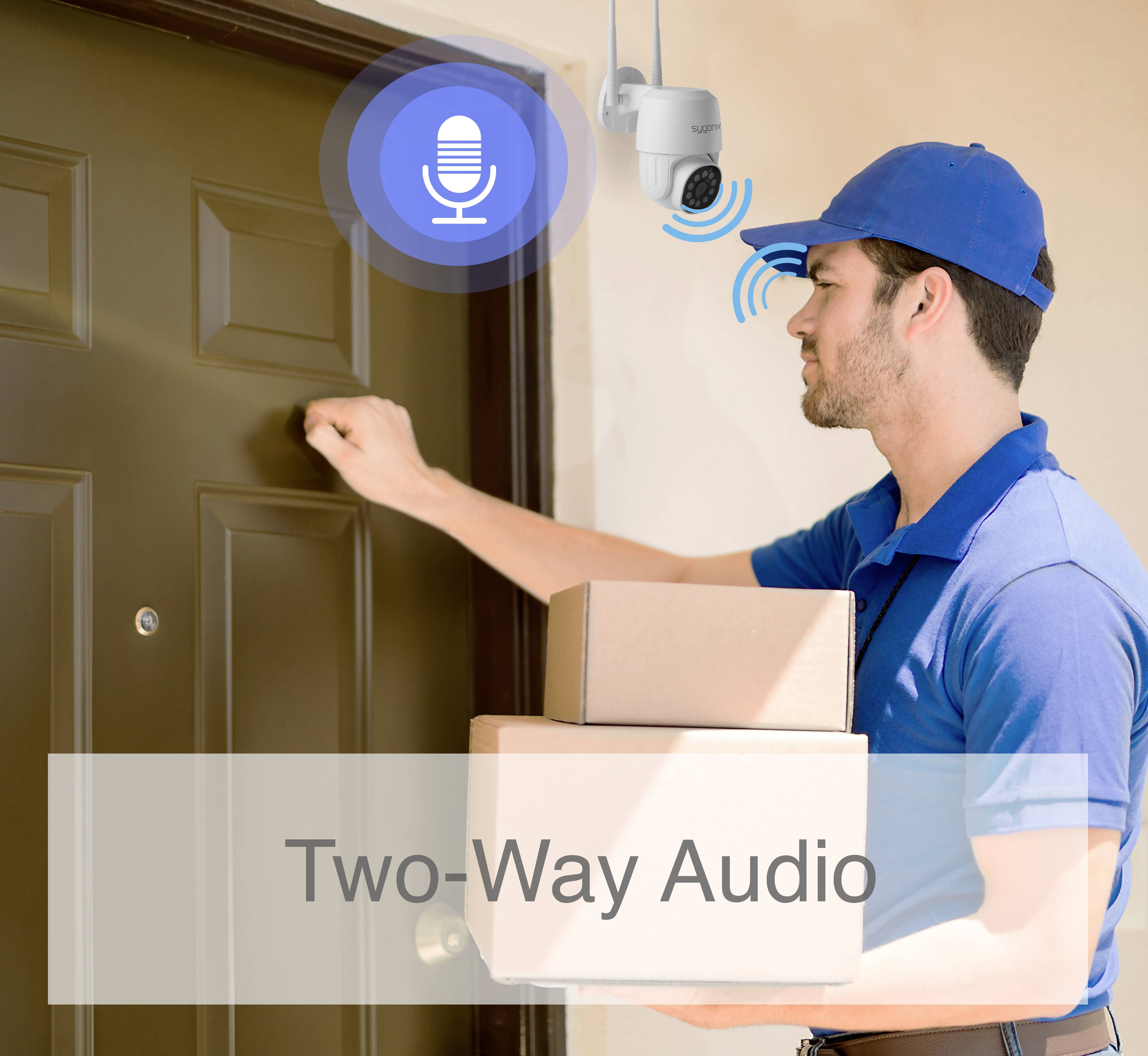 A delivery driver knocks on a front door. A surveillance camera with two-way audio capability is activated to enable communication.