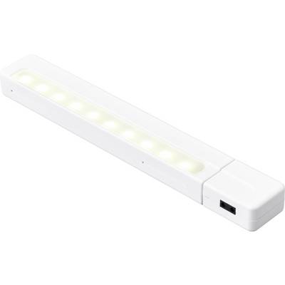 White LED light strip with eight visible lamps, side on/off switch. Ideal for cupboard lighting or dark corners.