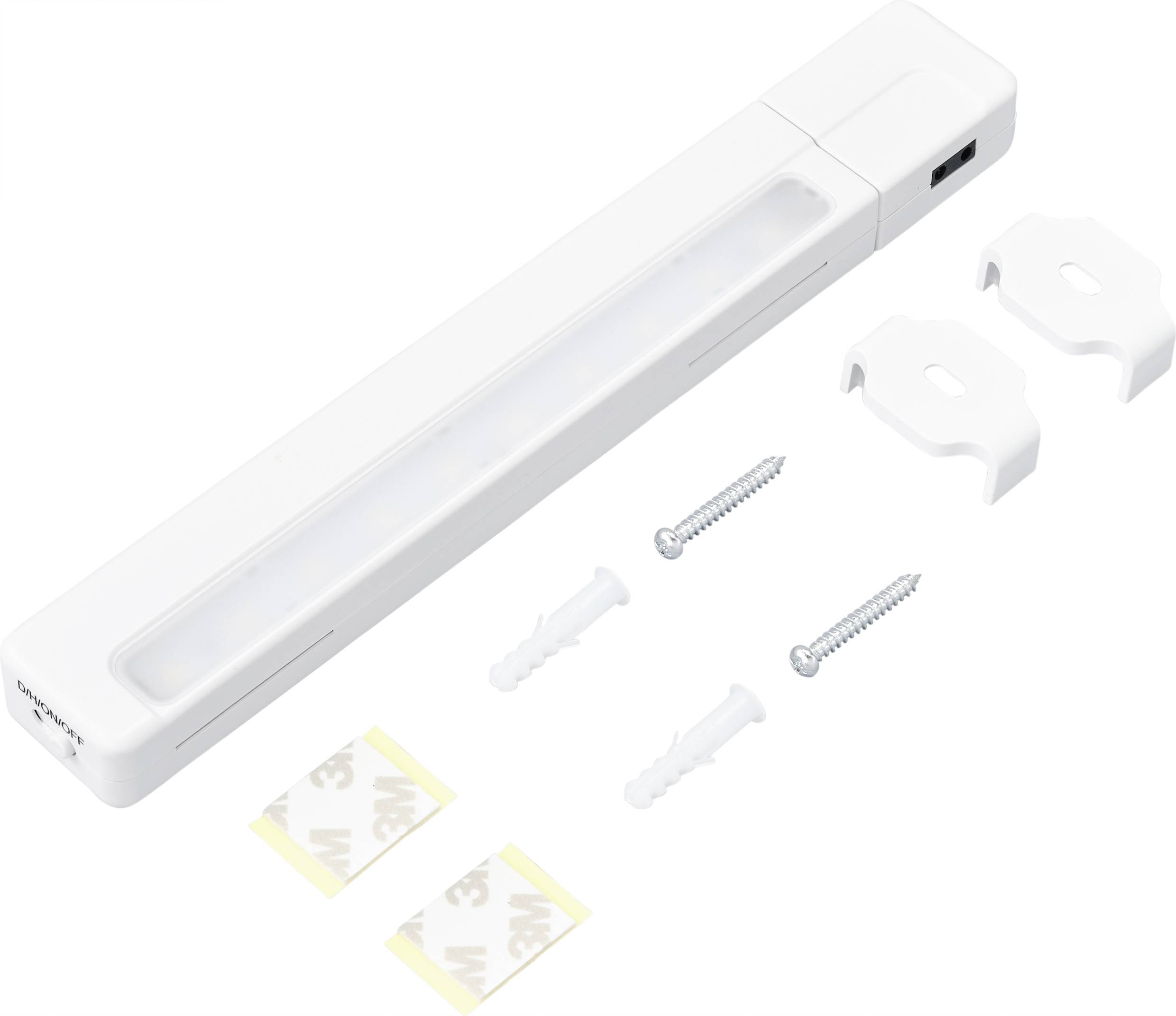 A battery-powered LED light with two screws, two wall plugs, and double-sided adhesive strips for flexible mounting.