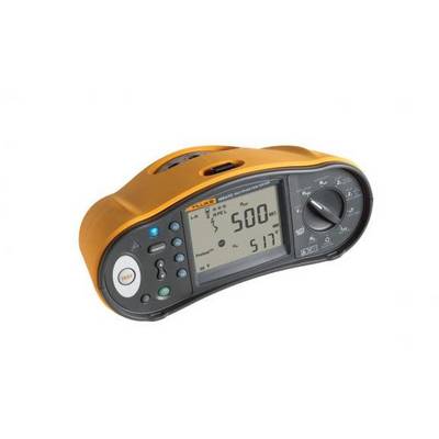 A digital testing device with an orange and black casing displays a measurement of 500 MΩ on its display. Primary function: insulation testing.