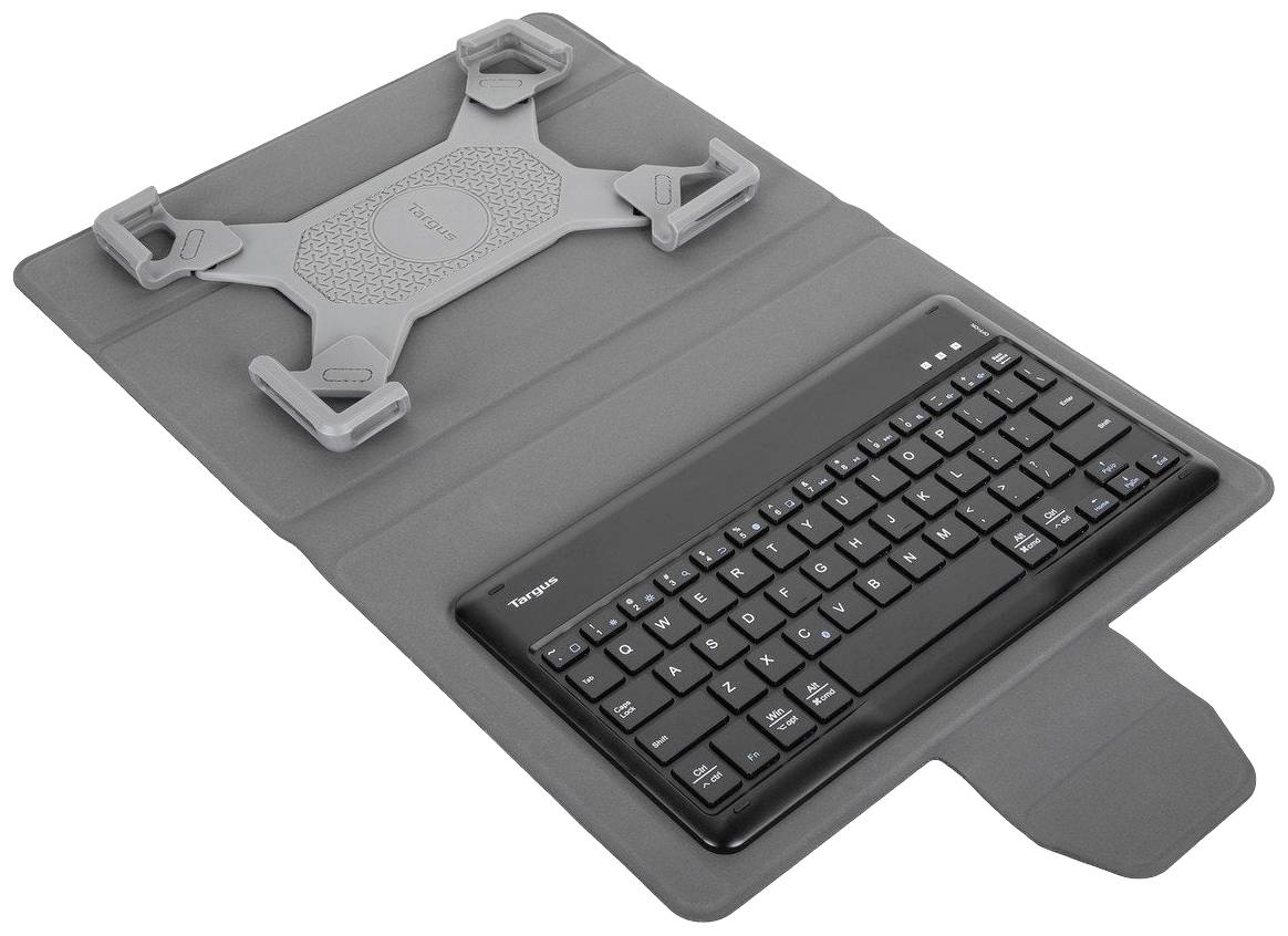 A black, wireless keyboard is situated in a grey case with a stand for a tablet or small laptop.