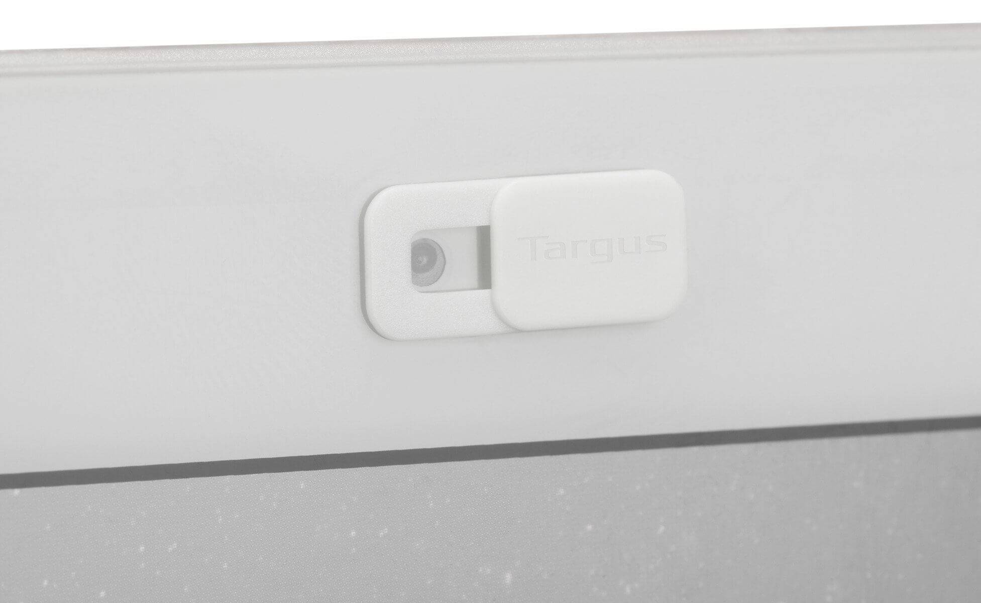 White webcam cover partially obscuring the camera on a laptop.