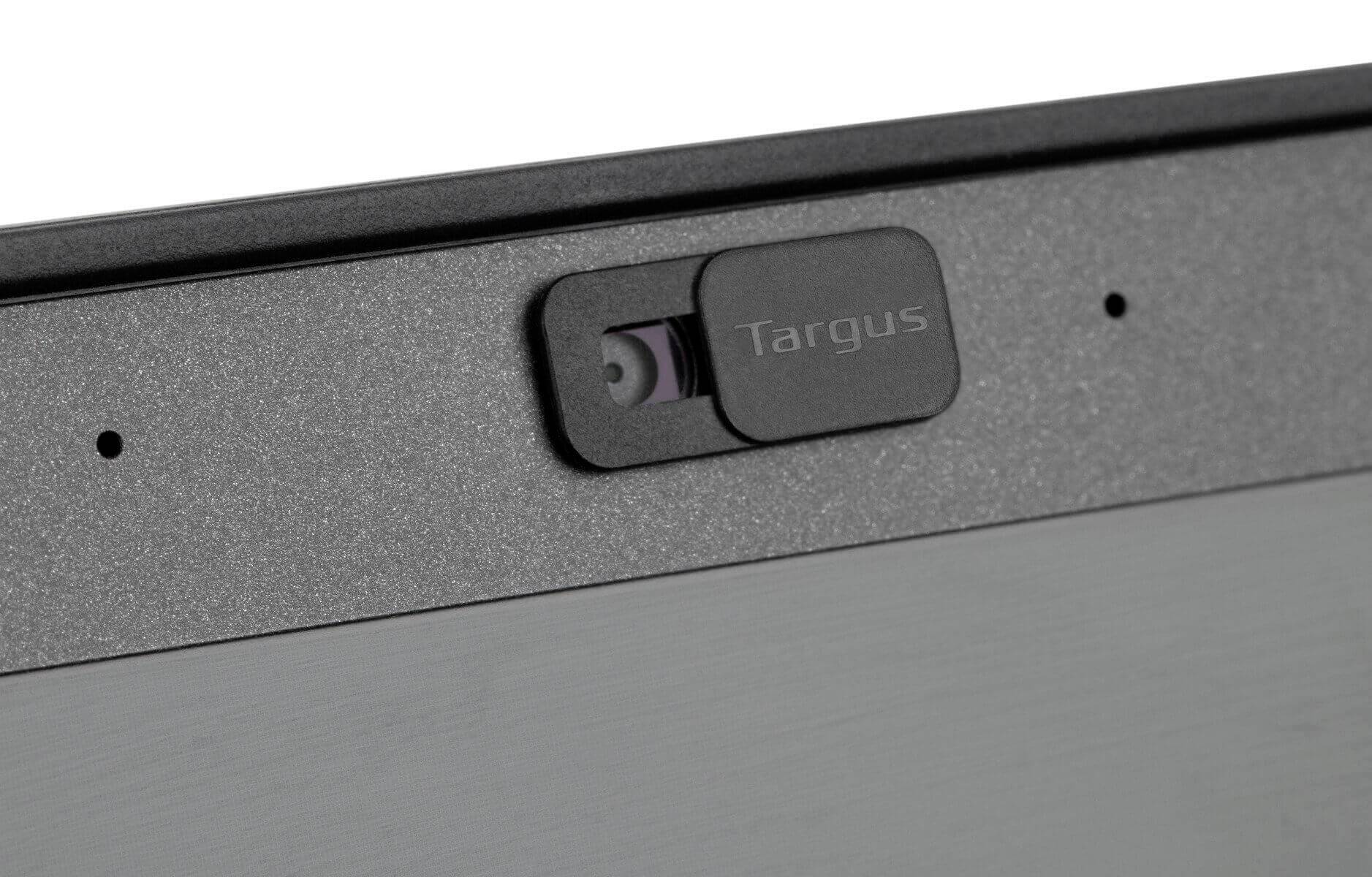 A black webcam cover with the 'Targus' inscription, partially opened, reveals the lens of a camera.