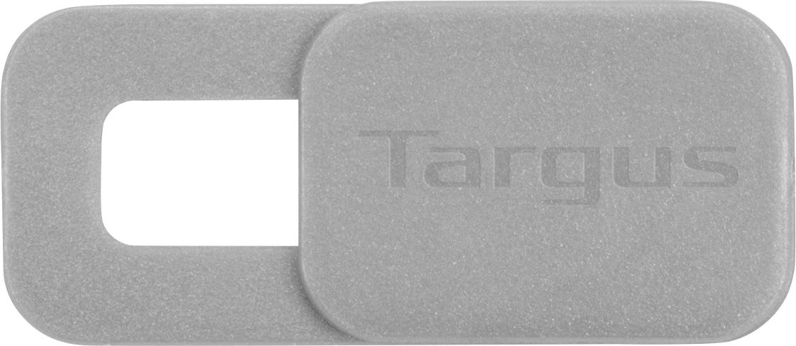 Grey webcam privacy cover with rectangular slider, partially open and bearing the 'Targus' inscription.