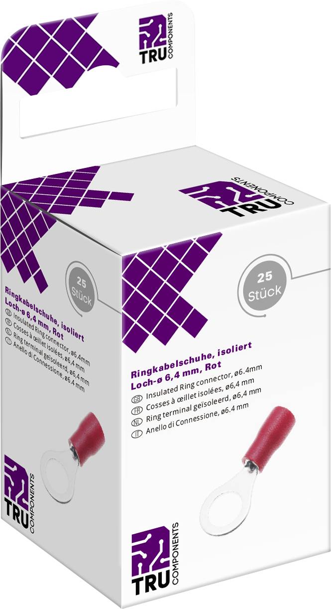 A packaging with the inscription 'Ring Cable Lugs, Insulated, Hole Ø 6.4 mm, Red', contains 25 pieces. Image of a red cable lug.