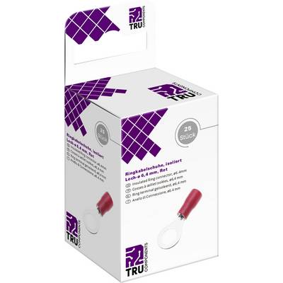 A packaging with the inscription 'Ring Cable Lugs, Insulated, Hole Ø 6.4 mm, Red', contains 25 pieces. Image of a red cable lug.