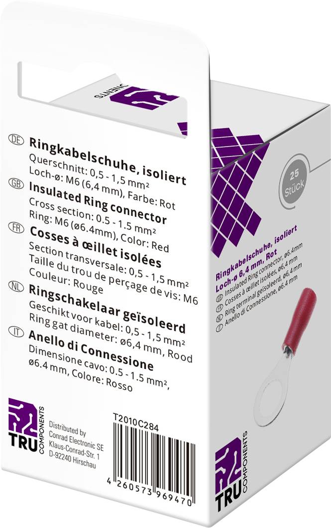 'Insulated ring cable lugs' on packaging with an image of a red cable lug and technical specifications in multiple languages.