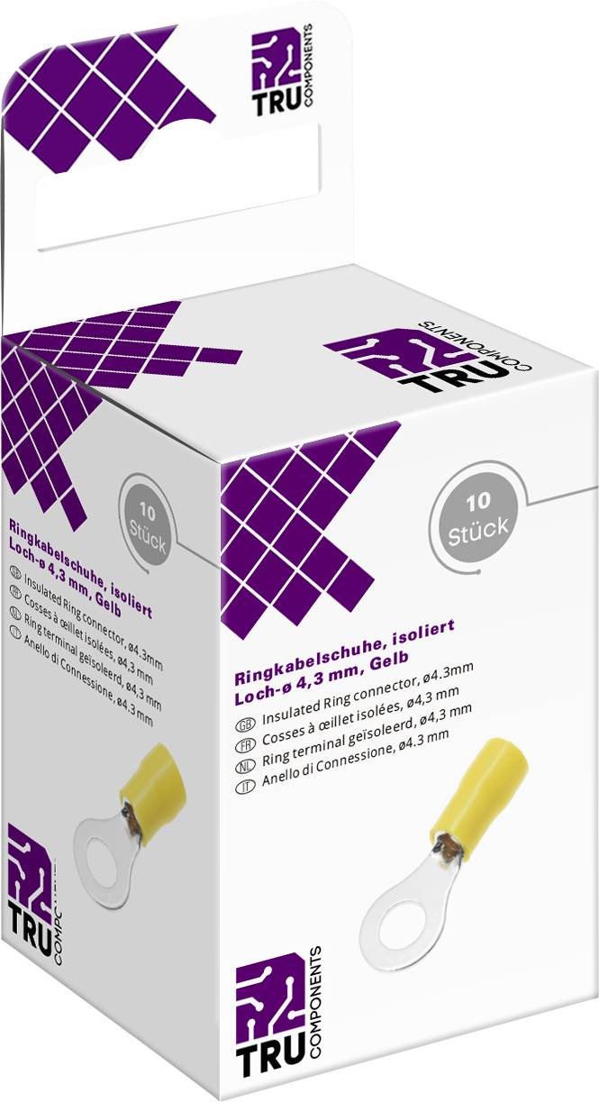 Packet of yellow, insulated ring cable lugs, hole diameter 4.3 mm, pack of 10 from TRU Components.